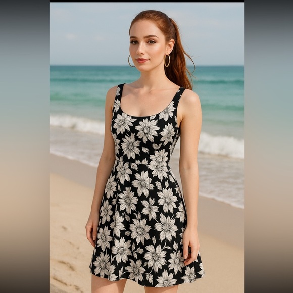 Jones Wear Black White Floral Fit & Flare Dress Sz 10 Sleeveless Summer Sundress - Picture 1 of 6